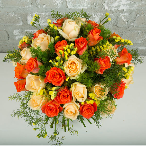 Peach avalanche and orange roses, yellow statice ,Birthday Wishes Bouquet , Wedding anniversary Bouquet , Compliment Bouquet