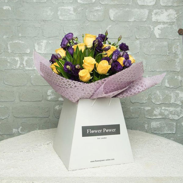 Purple eustoma, yellow roses, Birthday Wishes Bouquet , Wedding anniversary Bouquet , Compliment Bouquet