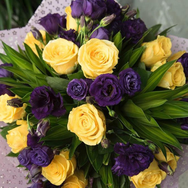 Purple eustoma, yellow roses, Birthday Wishes Bouquet , Wedding anniversary Bouquet , Compliment Bouquet