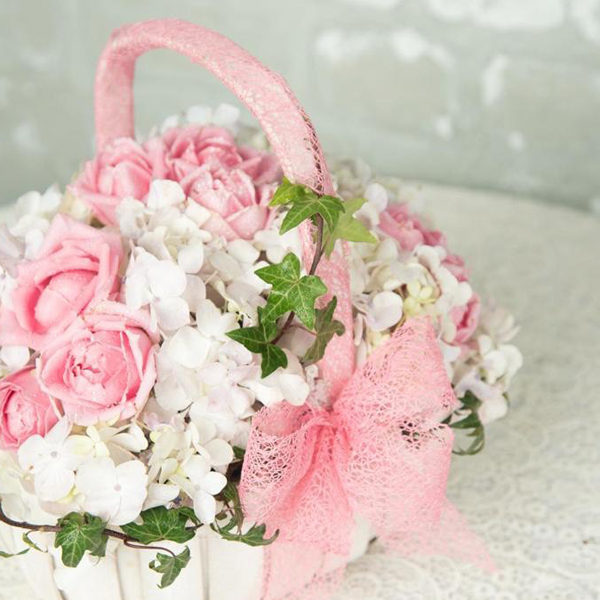 white hydrangeas, pink roses and dark ivy. Birthday Wishes Bouquet , Wedding anniversary Bouquet , Compliment Bouquet ,