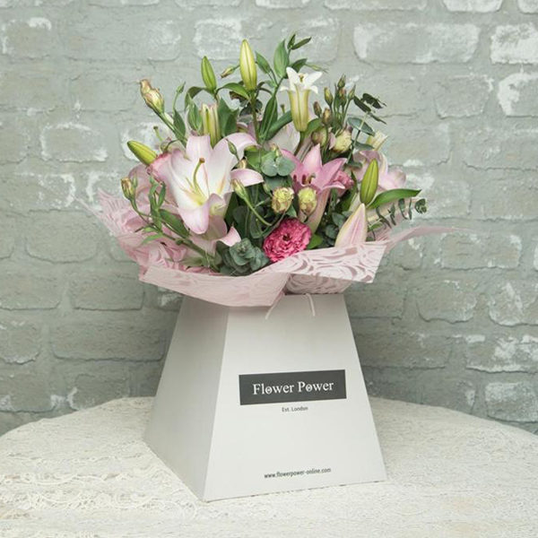 Pink oriental lilies, eustoma and eucalyptus Birthday Wishes Bouquet , Wedding anniversary Bouquet , Compliment Bouquet